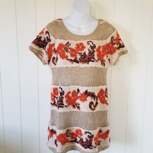 Anthropologie Knitted & Knotted Tan Floral Embroidered Sweater Dress Sz Small